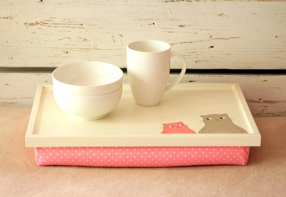 Laptop Lap Desk Or Breakfast Serving Tray - Hand Painted Two Cats And Mouses With Pink Polka Dot Pillow- Custom Order