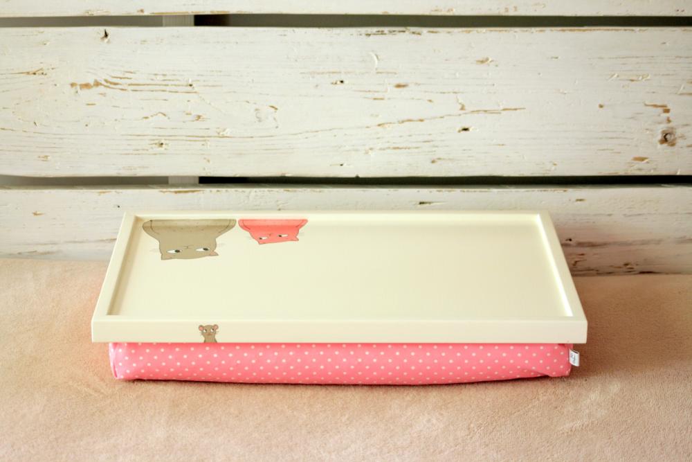Laptop Lap Desk or Breakfast serving Tray - Hand painted Two Cats and Mouses with Pink Polka Dot Pillow- Custom Order