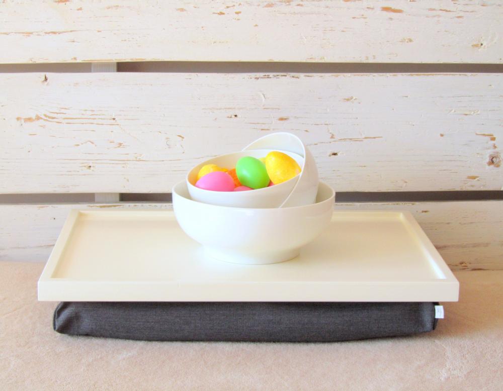 Breakfast Serving Or Laptop Lap Desk- Off White With Grey Pillow