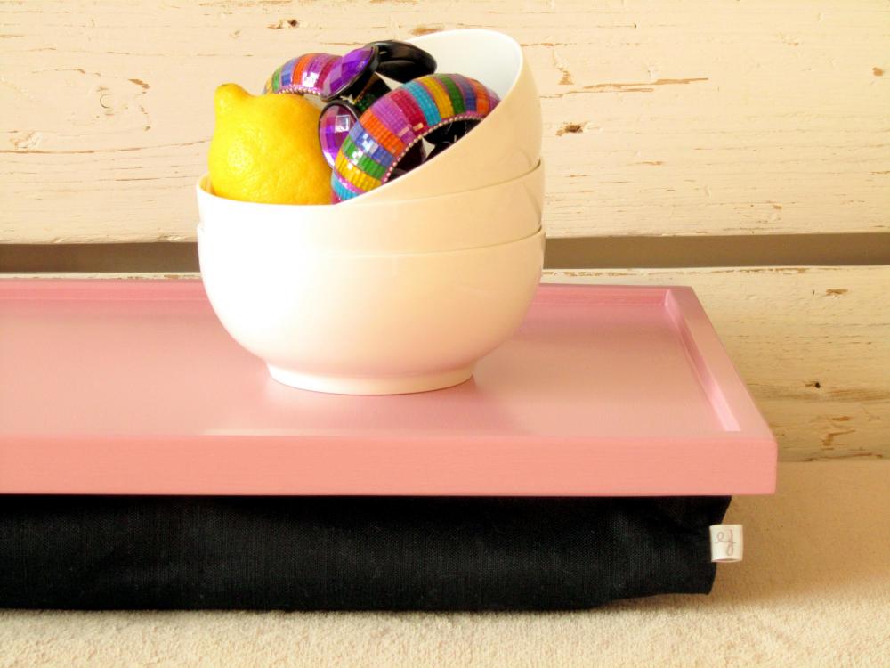 Breakfast Serving Or Laptop Lap Desk- Pink With Black Linen Fabric- Custom Order